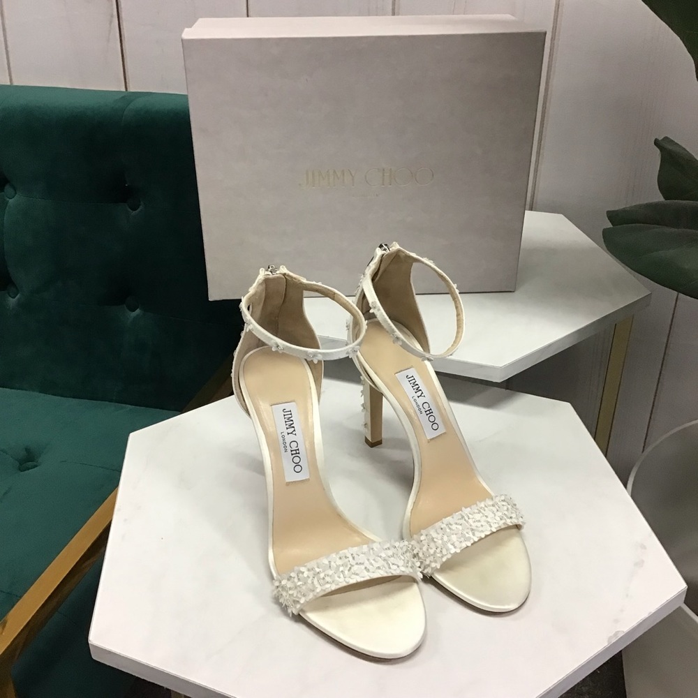 Jimmy Choo Delia Mini Flower Embellished Satin Heels 100mm